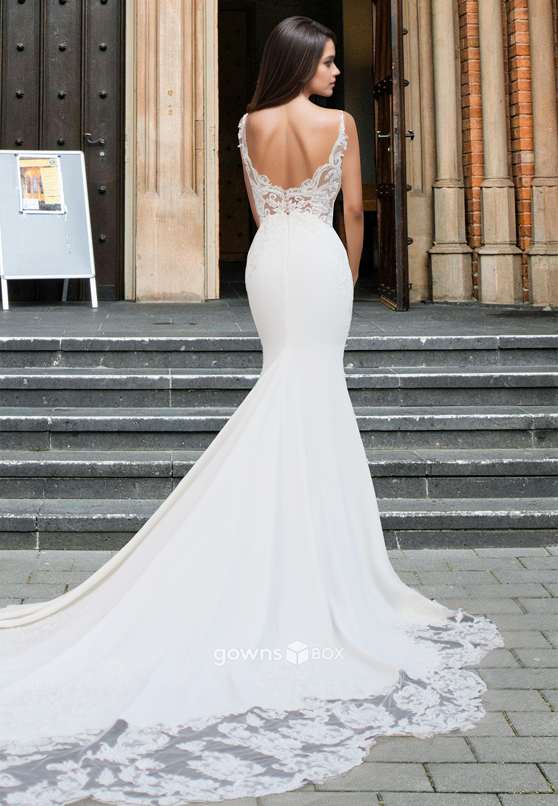 Sexy Open Back Spaghetti Straps Applique Trumpet with Train Wedding Dress-GownsBox