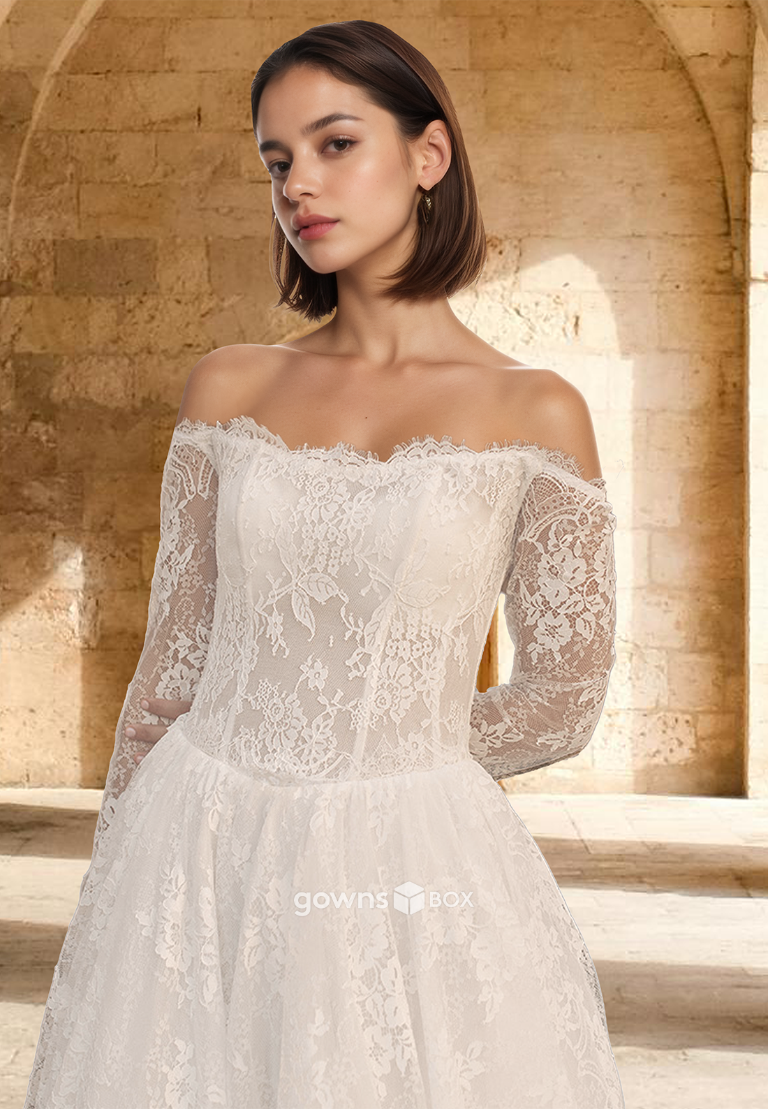 Full Lace Applique A-Line Sleeves Off-Shoulder with Train Wedding Dress-GownsBox