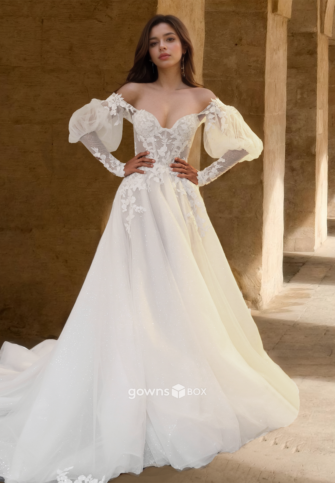 Qute Puff Sleeves Off-Shoulder Applique A-Line Engagement Wedding Dress-GownsBox