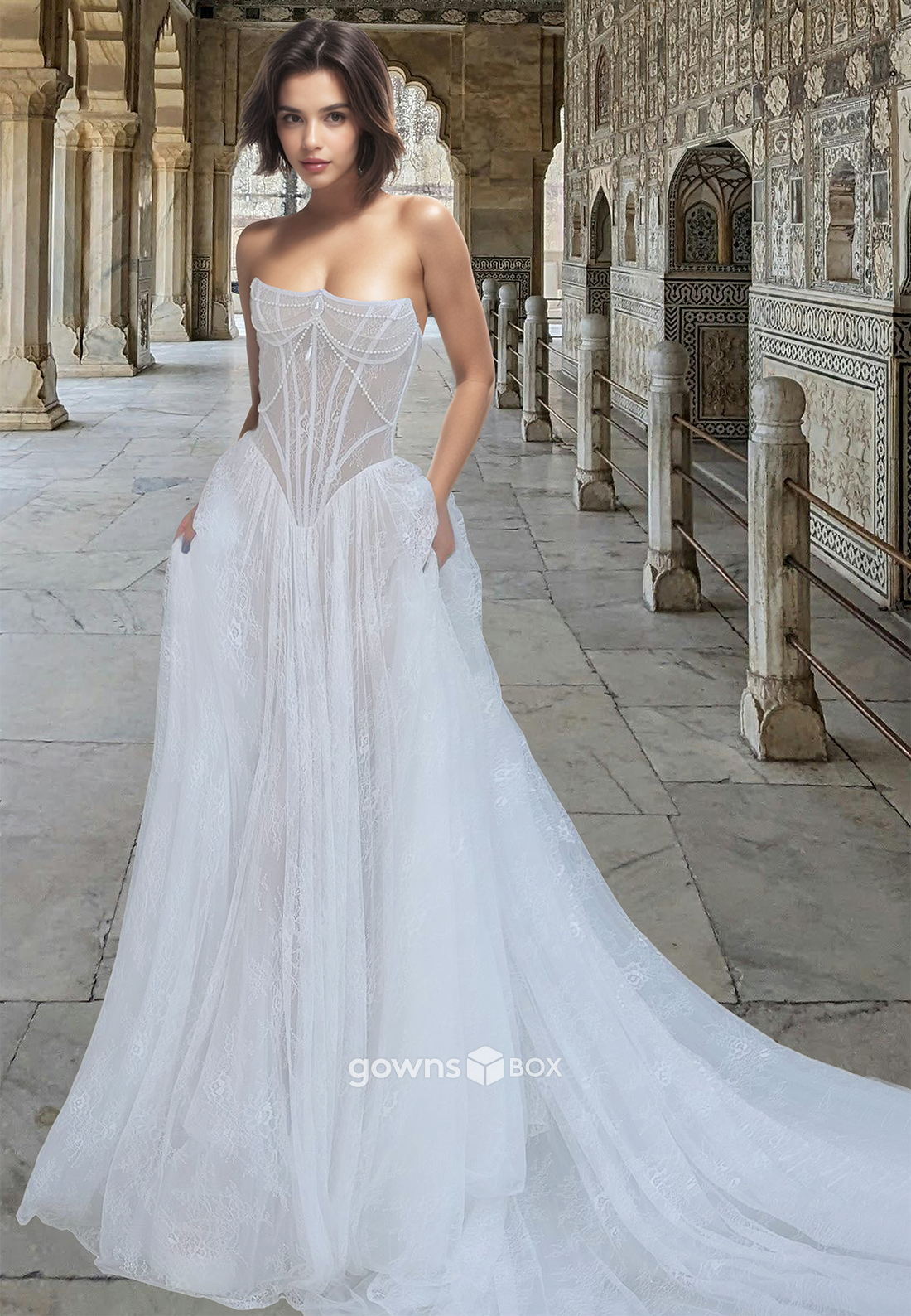 Special Floral Strapless Tulle Princess Wedding Dress Beaded A-Line Bride Gown-GownsBox