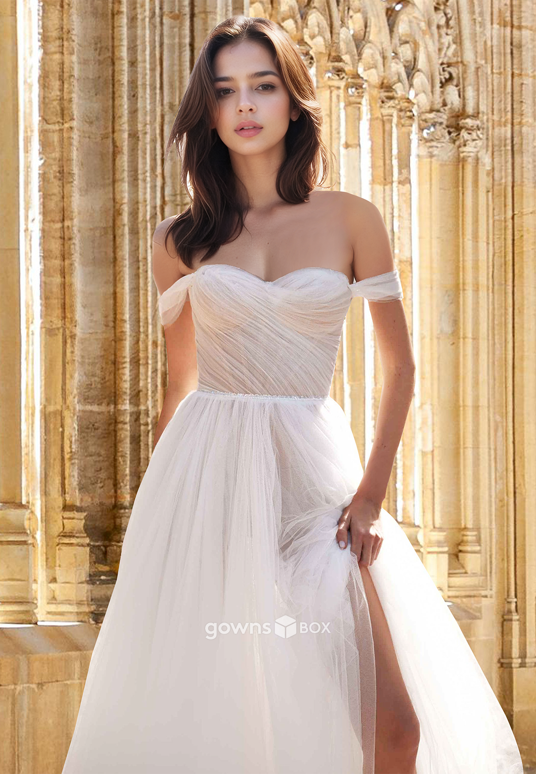 Simple Tulle Off-Shoulder A-Line Floor-Length Engagement Wedding Dress-GownsBox