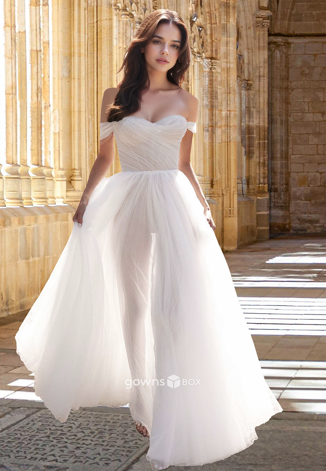 Simple Tulle Off-Shoulder A-Line Floor-Length Engagement Wedding Dress-GownsBox