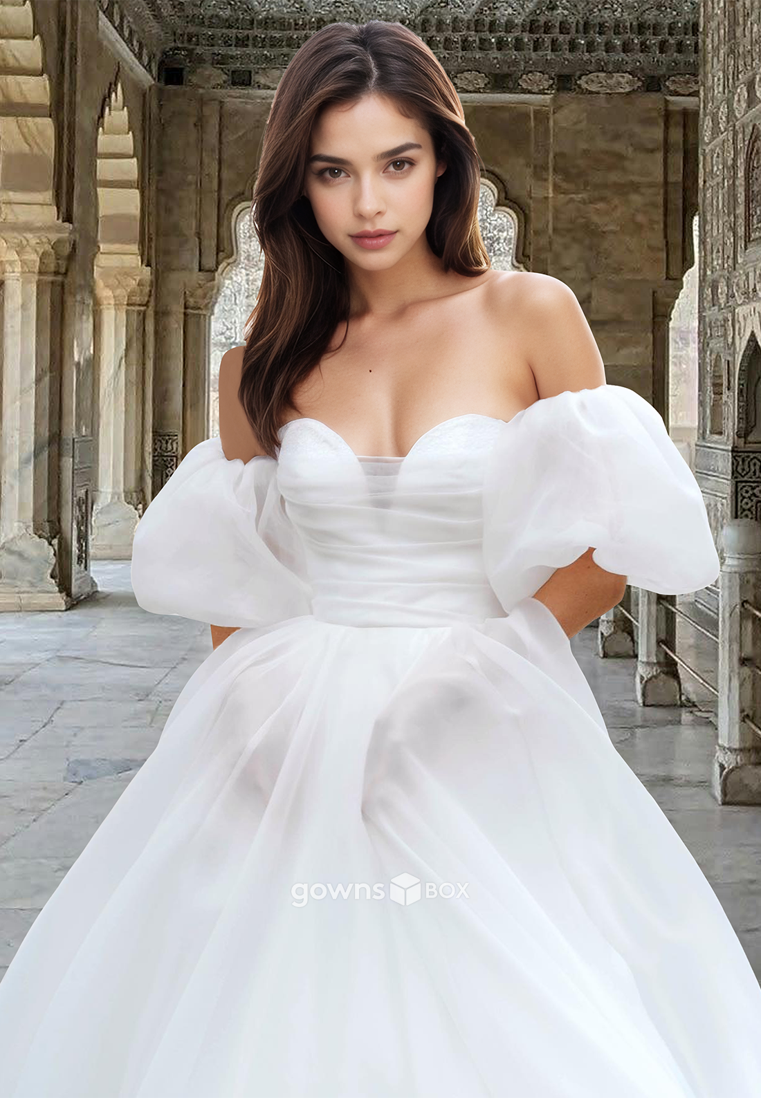 Elegant Sweetheart Puff Sleeves A-Line Tulle Wedding Dress Bride Gown-GownsBox