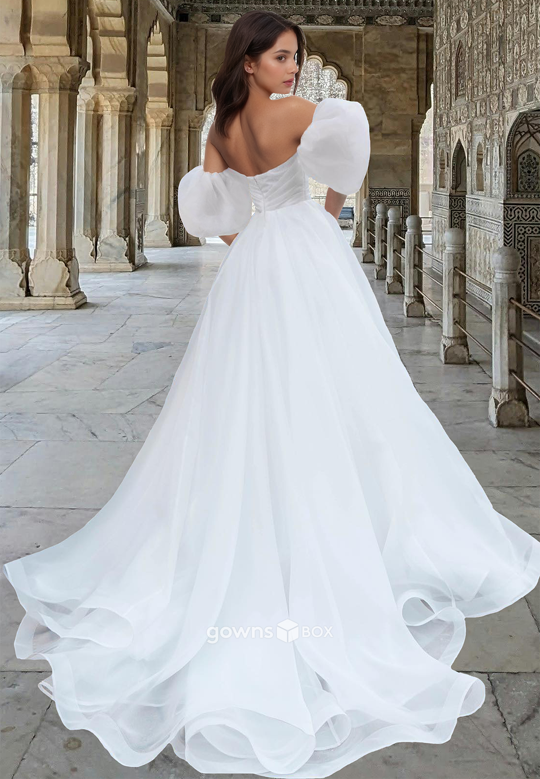 Elegant Sweetheart Puff Sleeves A-Line Tulle Wedding Dress Bride Gown-GownsBox