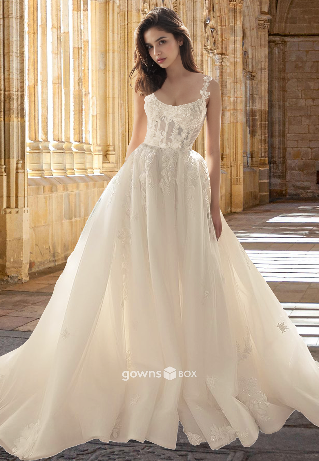 Flpral Spaghetti Straps Corset Applique A-Line with Train Wedding Dress 2025-GownsBox