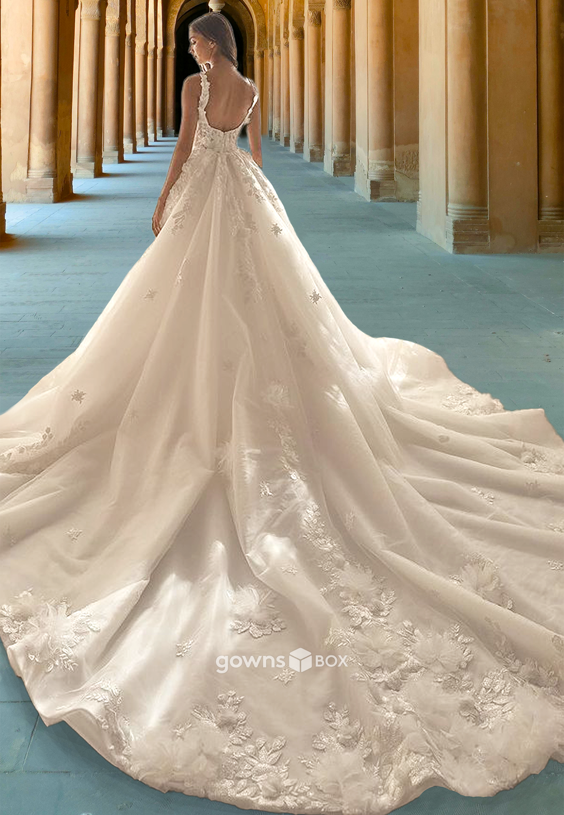 Flpral Spaghetti Straps Corset Applique A-Line with Train Wedding Dress 2025-GownsBox