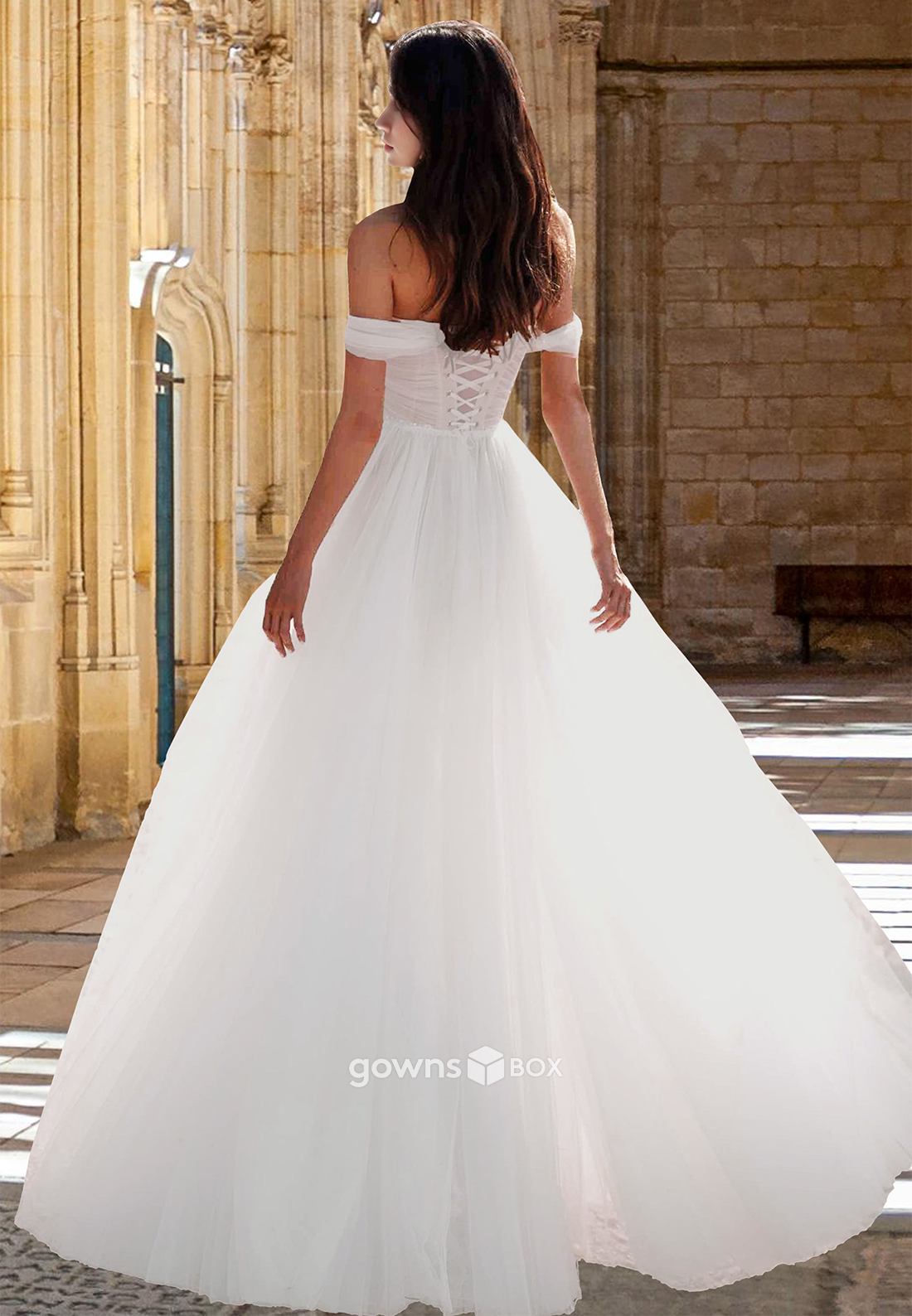 Simple Tulle Off-Shoulder A-Line Floor-Length Engagement Wedding Dress-GownsBox