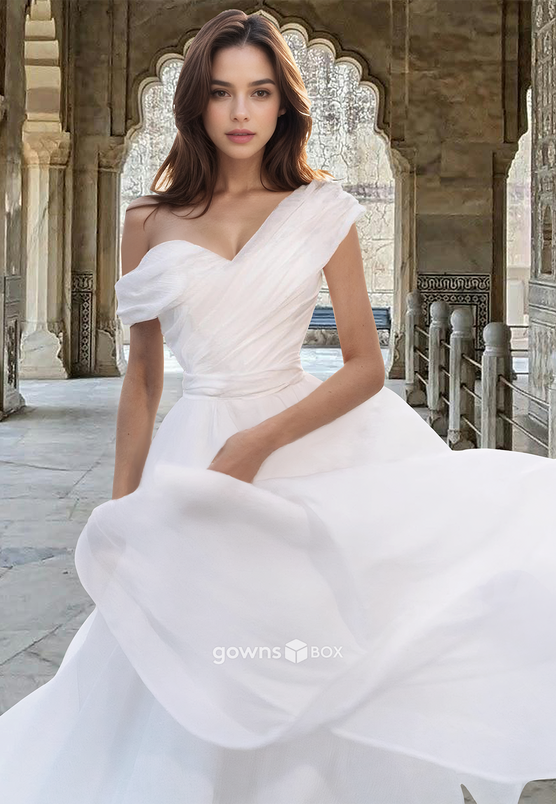 Chic V-Neck Off-Shoulder Tulle with Train A-Line Wedding Dress Bride Gown-GownsBox