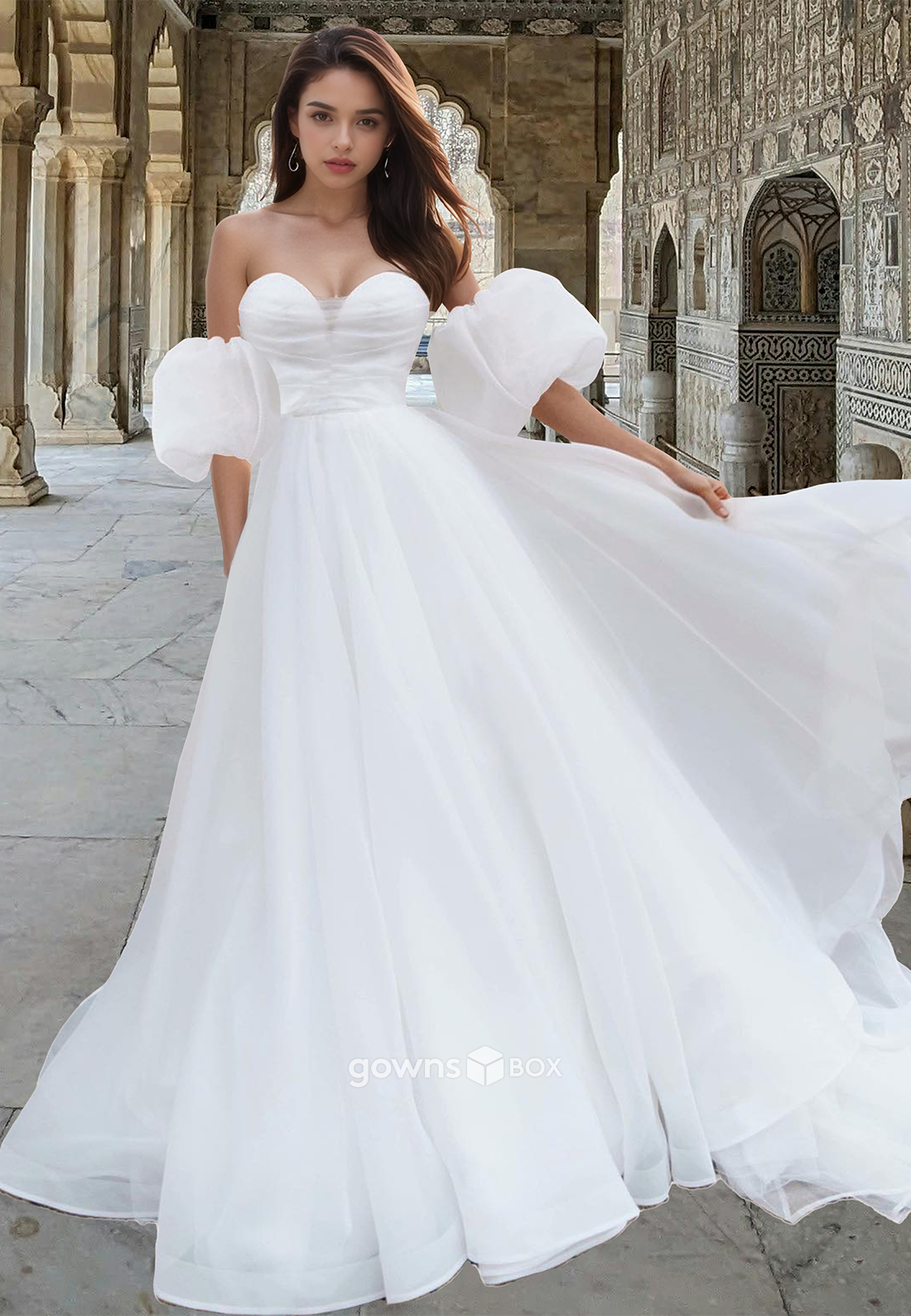 Elegant Sweetheart Puff Sleeves A-Line Tulle Wedding Dress Bride Gown-GownsBox