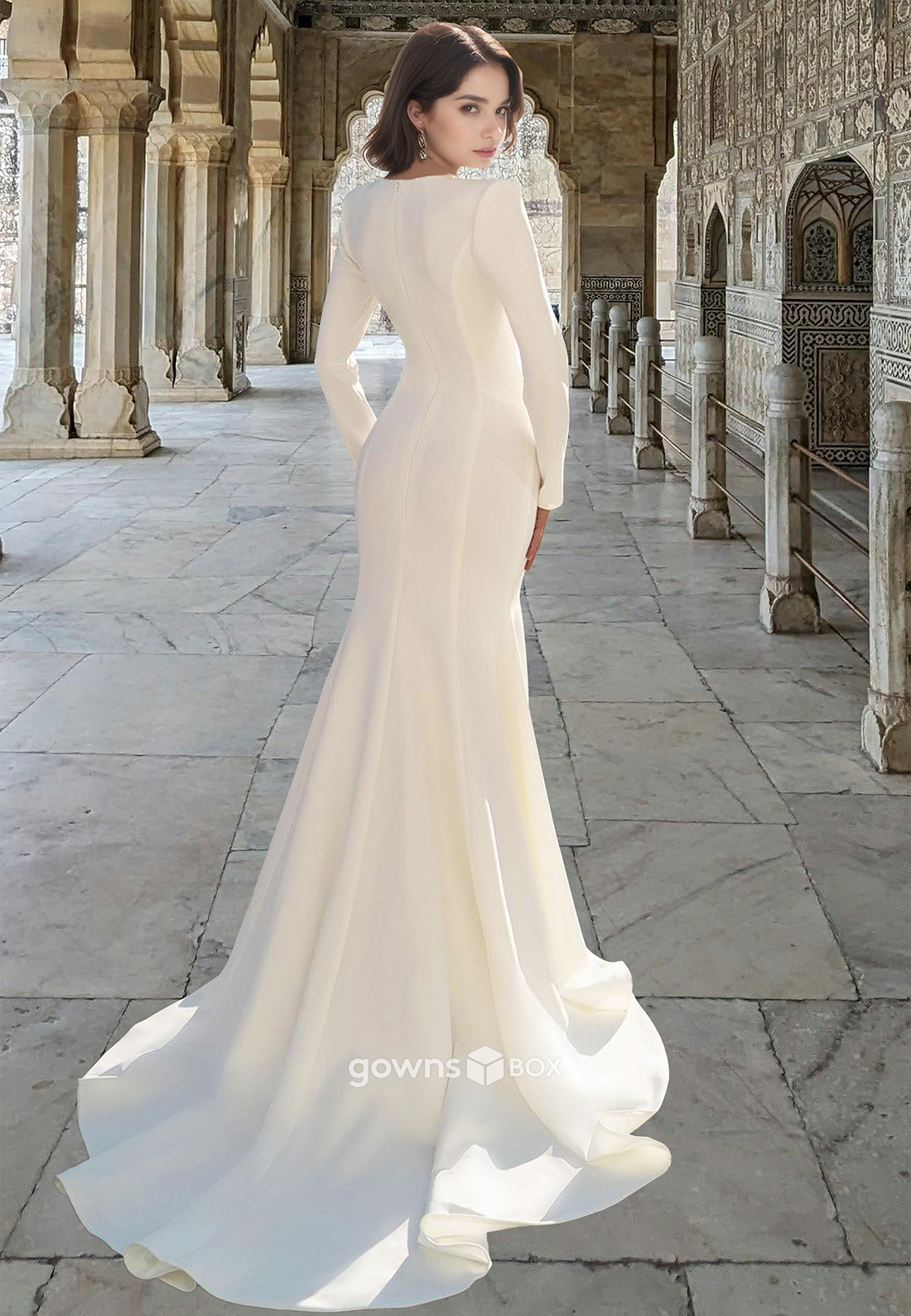 Sexy Beaded V-Neck Mermaid Long Sleeves with Train Bridial Wedding Dress-GownsBox
