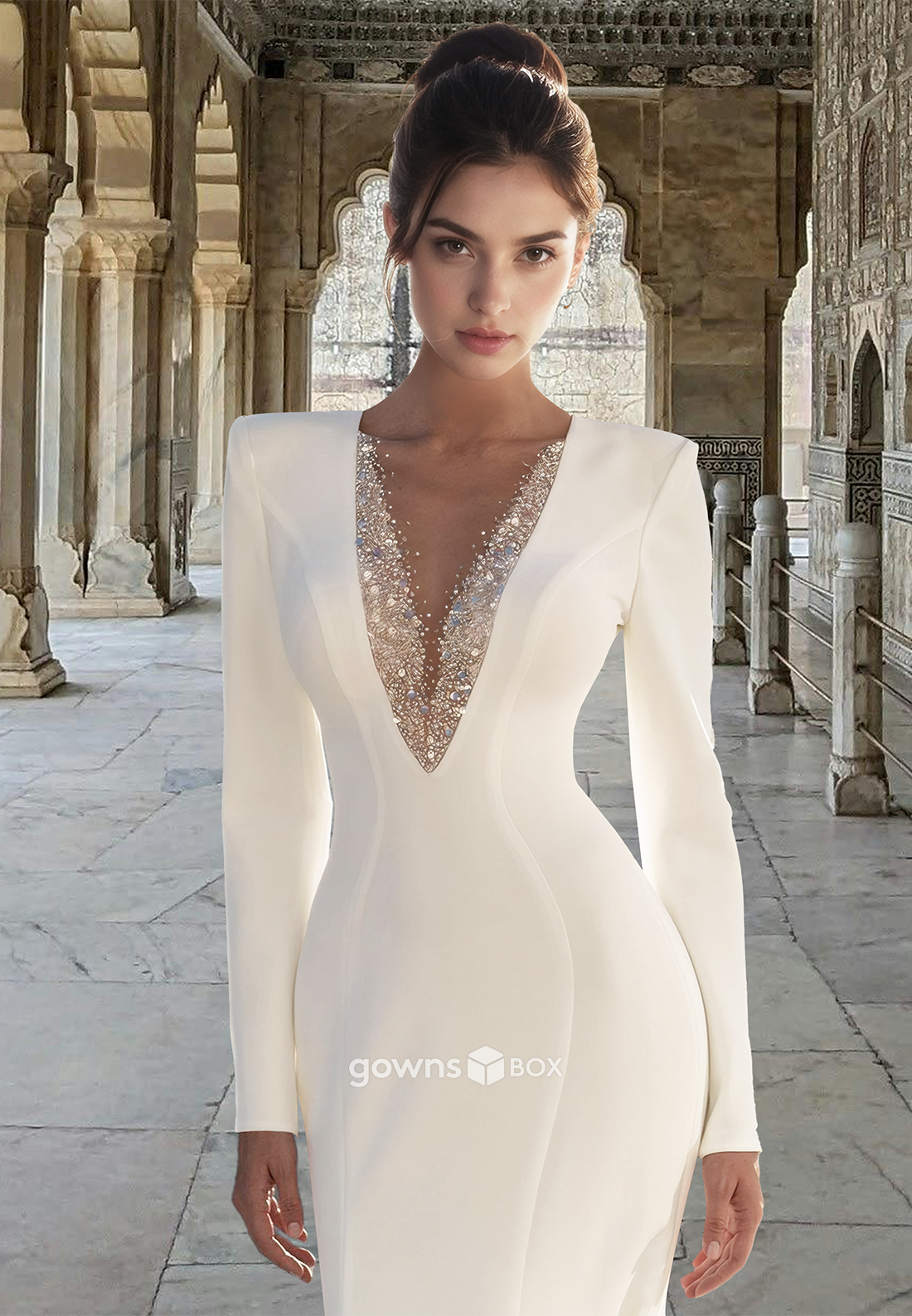 Sexy Beaded V-Neck Mermaid Long Sleeves with Train Bridial Wedding Dress-GownsBox