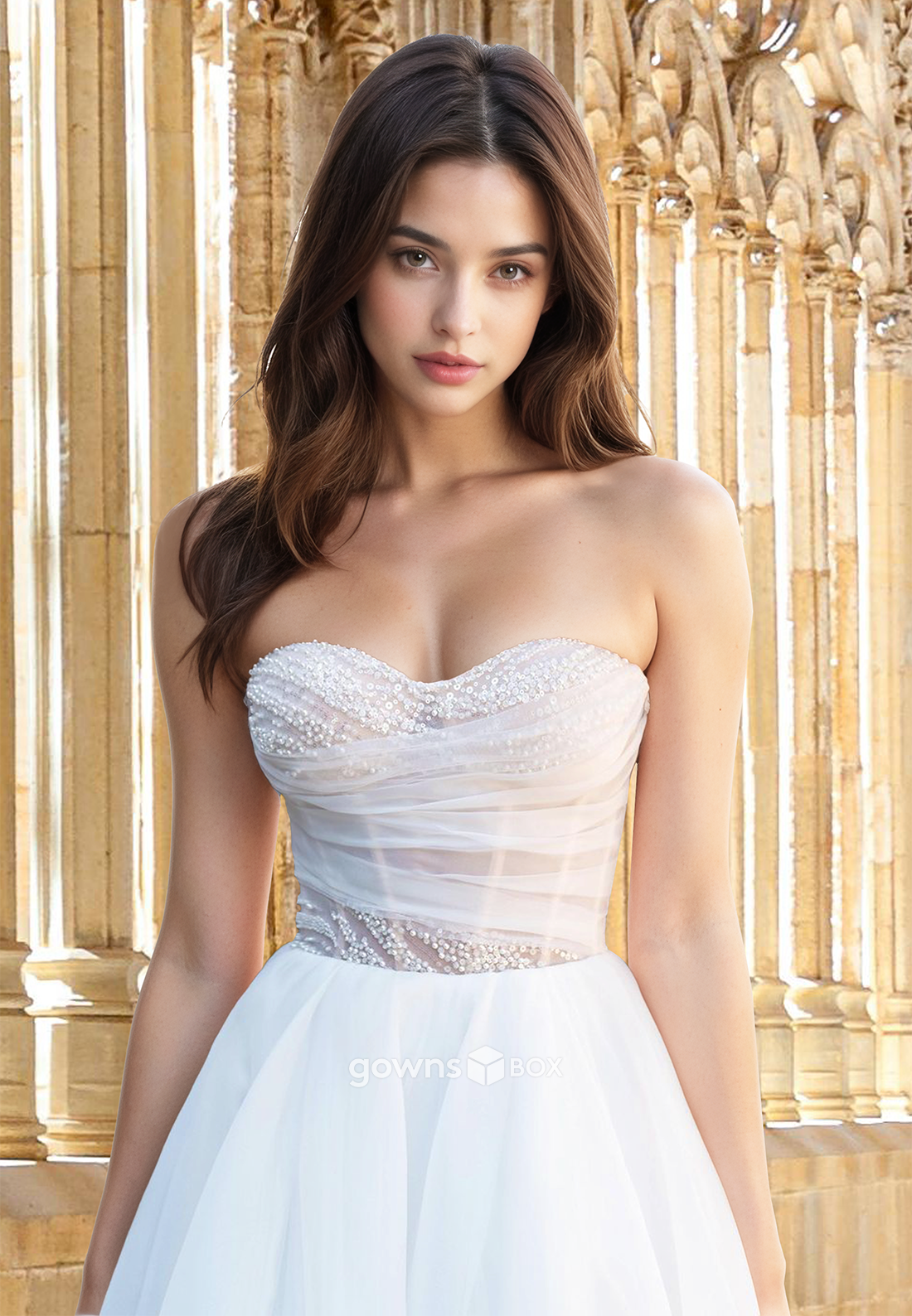 Chic Applique Beaded Puff Sleeves A-Line Tulle with Slit Wedding Dress-GownsBox