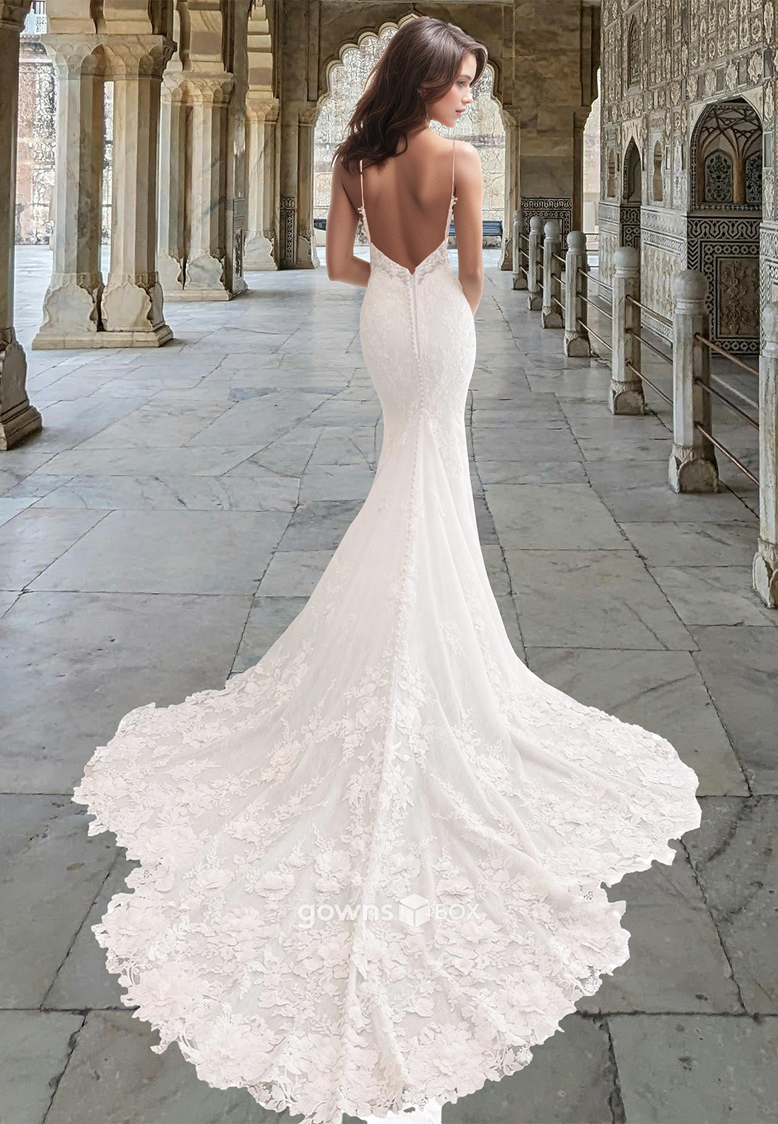Sexy V-Neck Straps Mermaid Lace Applique with Train Wedding Dress-GownsBox