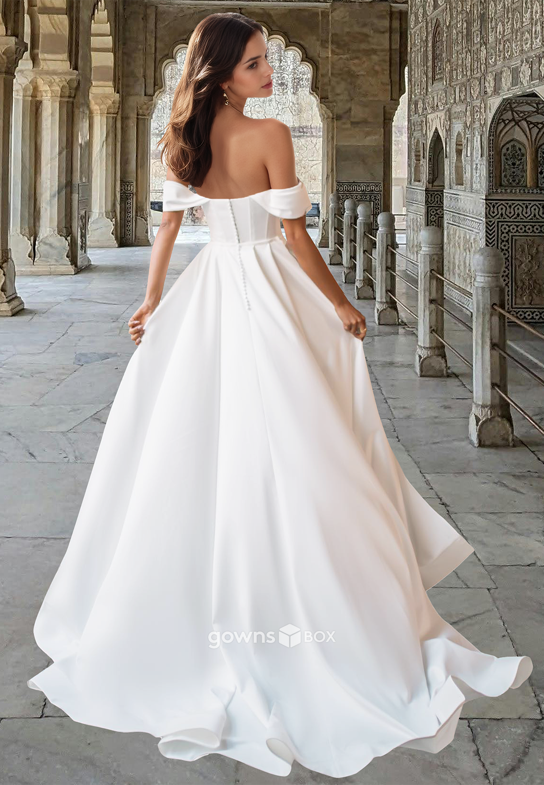 Sexy Ruched Satin with Slit Wedding Dress Simple Off-Should A-Line Bridial Gown-GownsBox