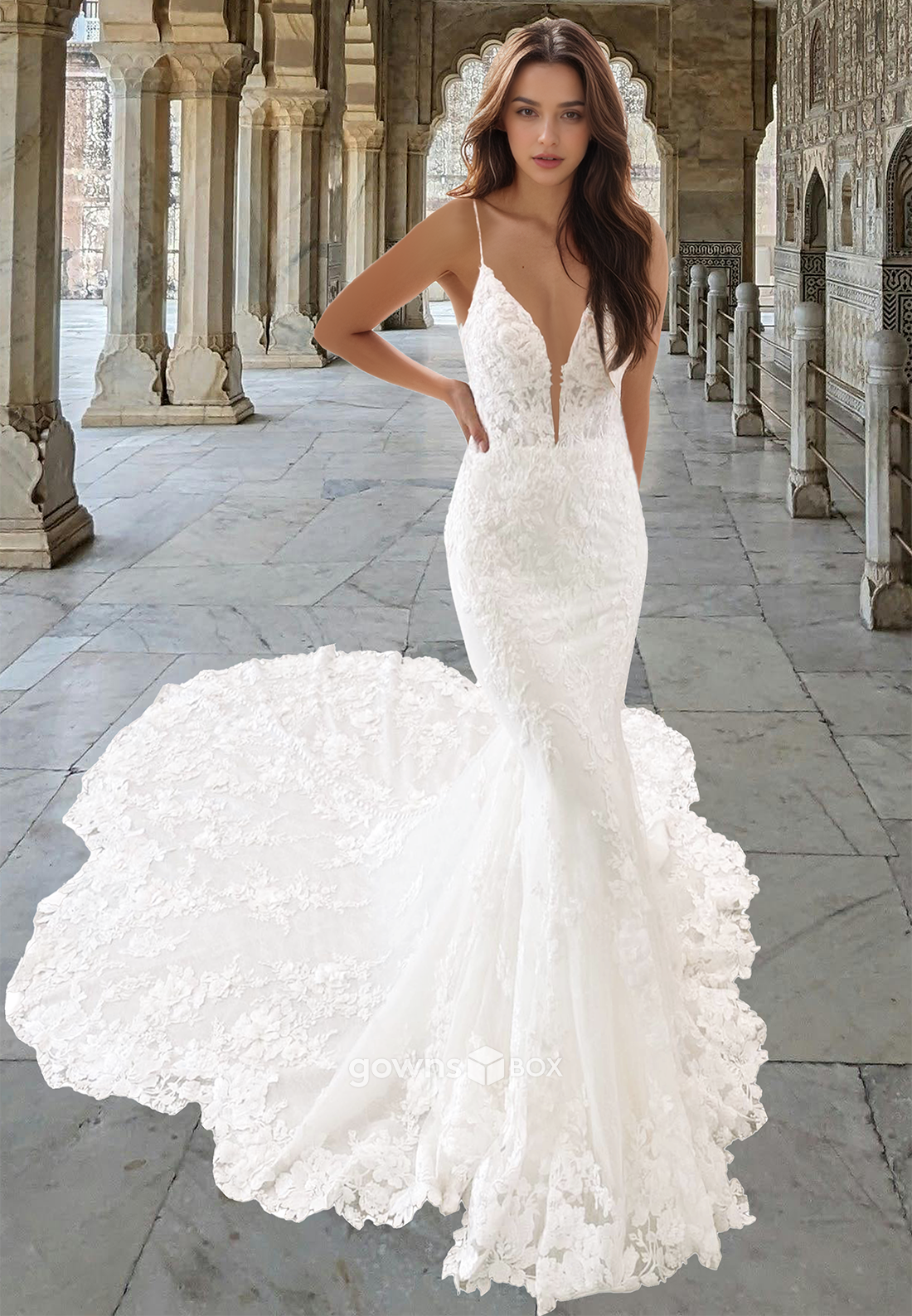 Sexy V-Neck Straps Mermaid Lace Applique with Train Wedding Dress-GownsBox