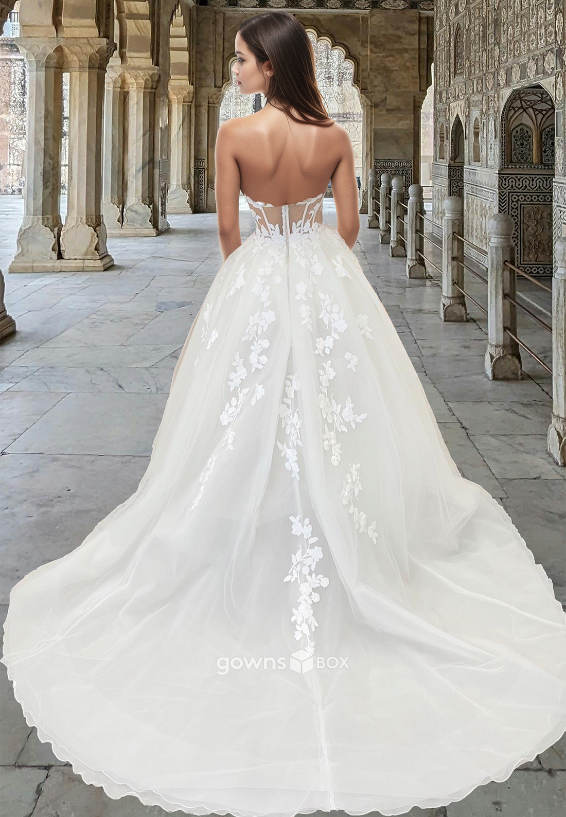 Classic Applique Sweetheart with Slit A-Line Tulle Wedding Dress-GownsBox