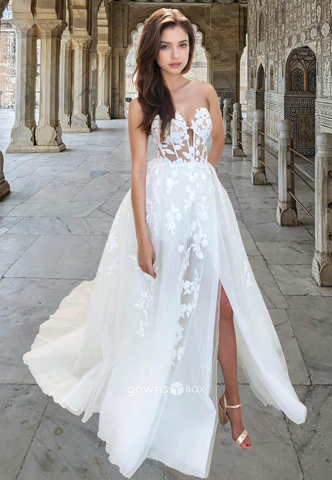 Classic Applique Sweetheart with Slit A-Line Tulle Wedding Dress-GownsBox