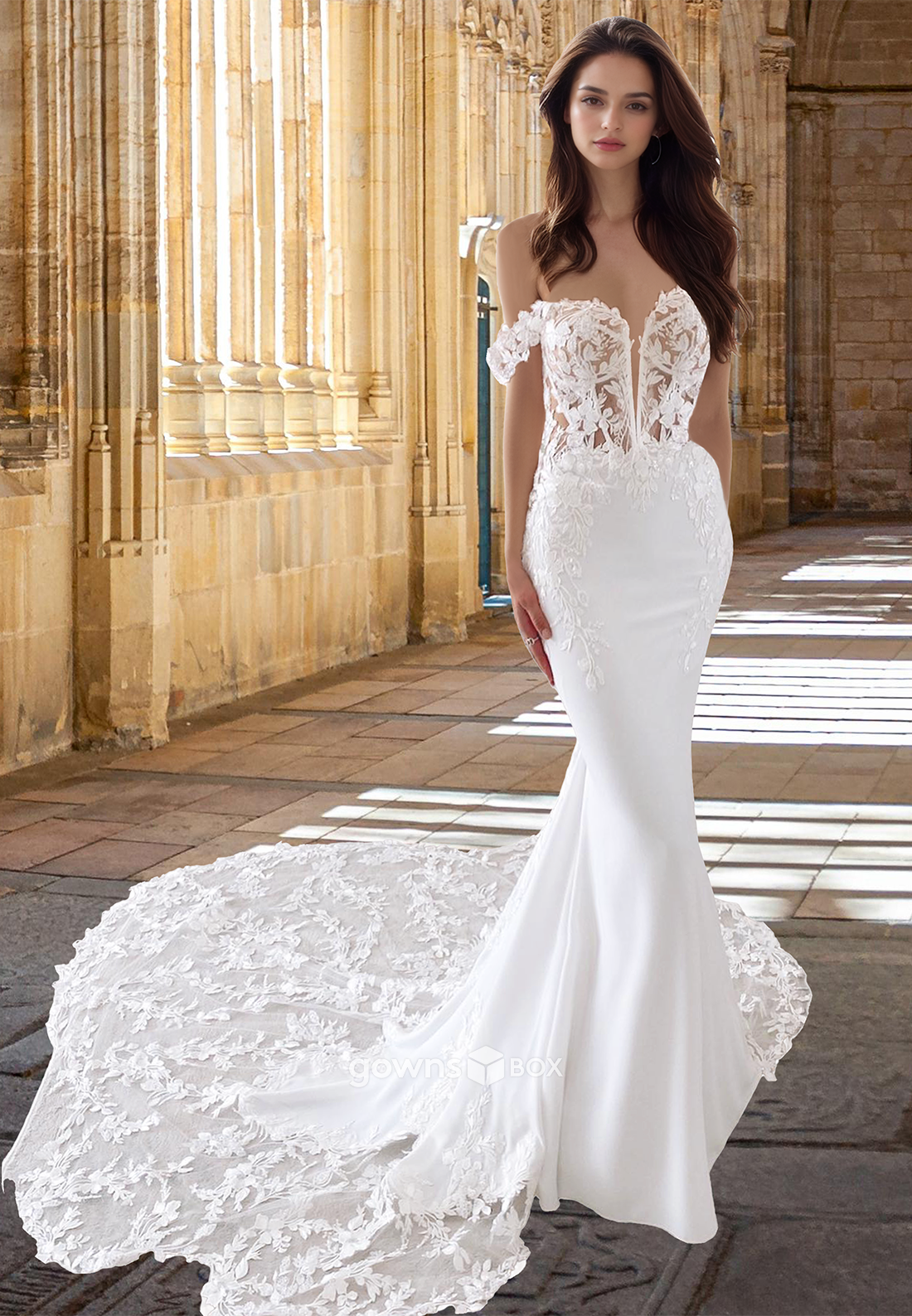 Sexy Off-Shoulder Mermaid Applique with Train Satin Wedding Dress-GownsBox