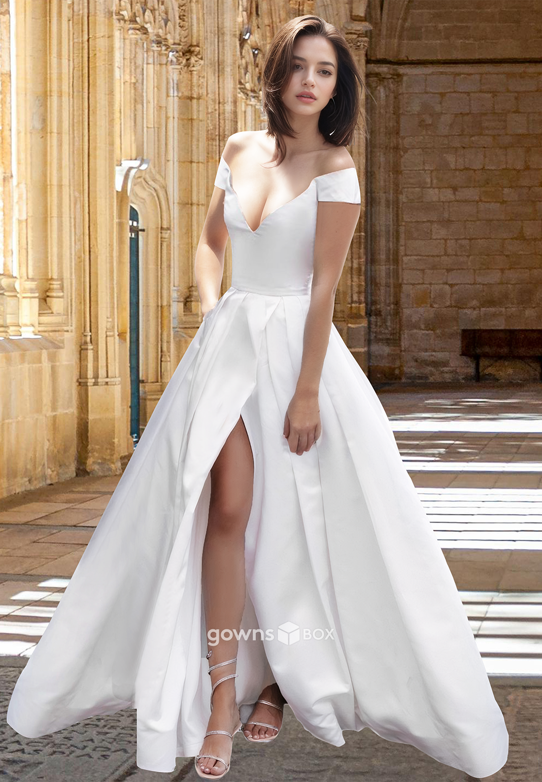Simple V-Neck Off-Shoulder A-Line Satin with Slit Wedding Dress Bride Gown-GownsBox