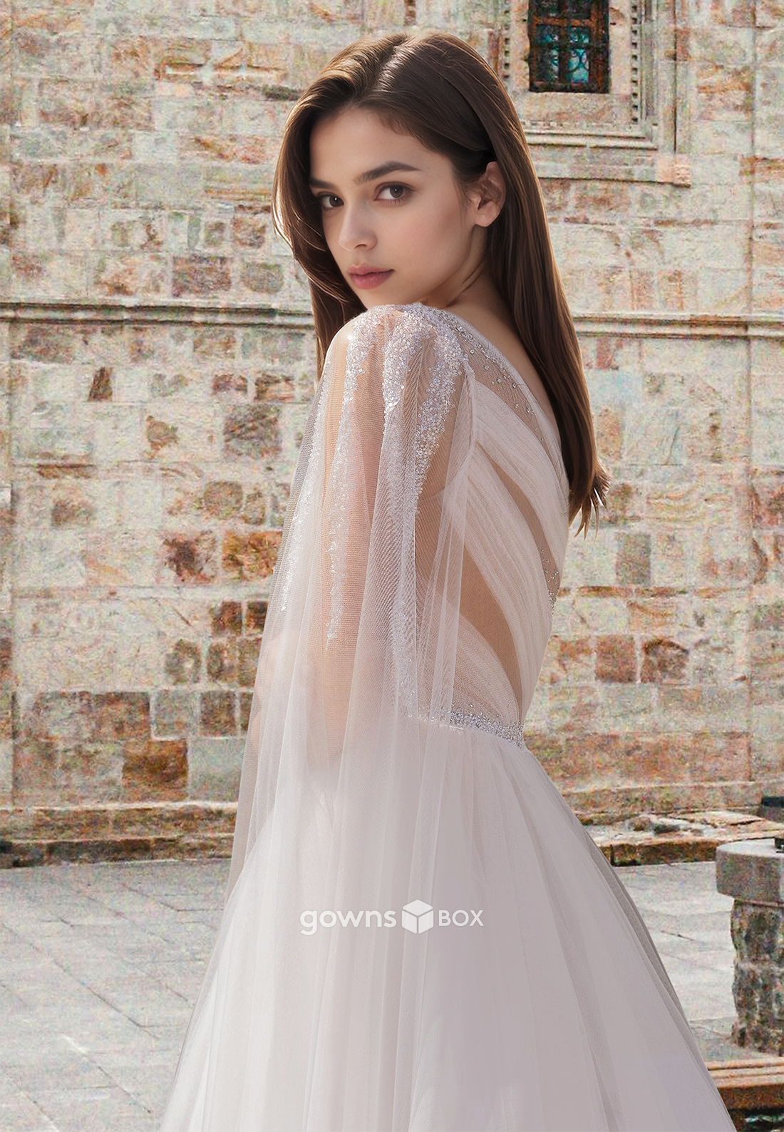 Sexy Sheer Sequineed Cap Sleeves A-Line Tulle Beach Wedding Dress-GownsBox
