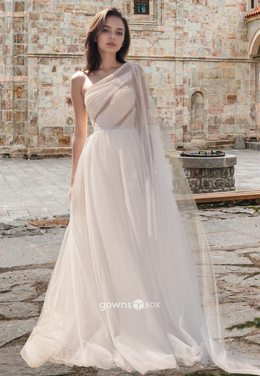 Sexy Sheer Sequineed Cap Sleeves A-Line Tulle Beach Wedding Dress-GownsBox