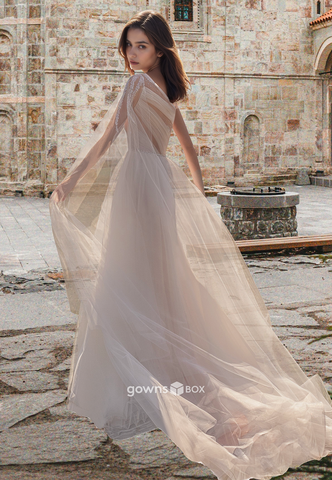 Sexy Sheer Sequineed Cap Sleeves A-Line Tulle Beach Wedding Dress-GownsBox