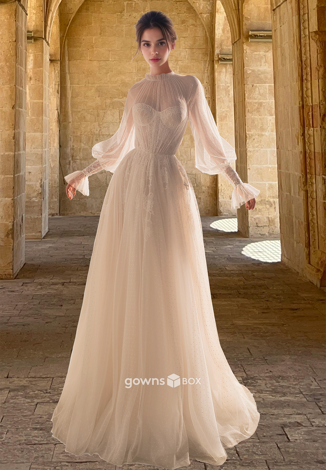 Sheer Long Sleeves High Neck with Train A-Line Tulle Wedding Dress Bride Gown-GownsBox
