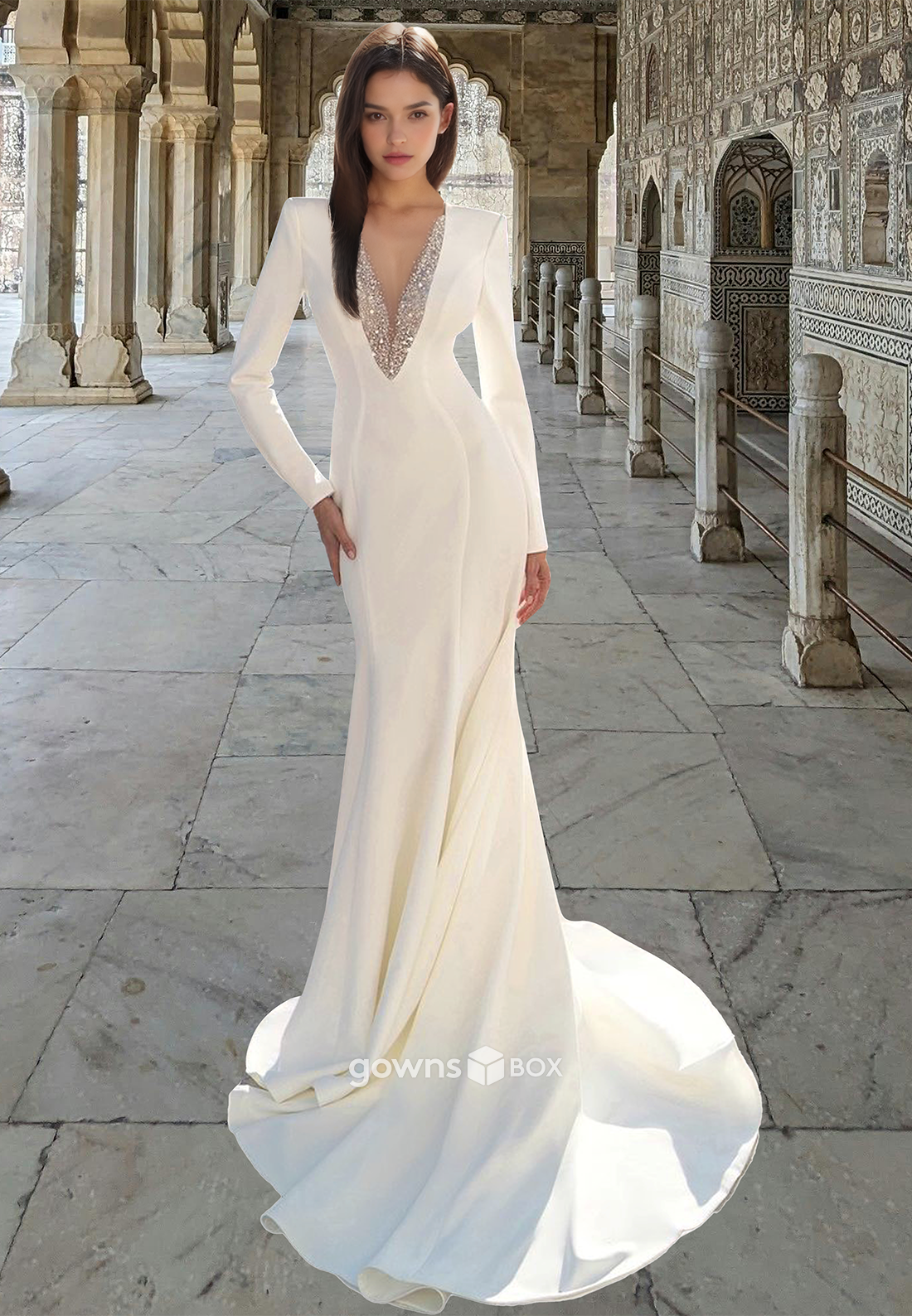 Sexy Beaded V-Neck Mermaid Long Sleeves with Train Bridial Wedding Dress-GownsBox