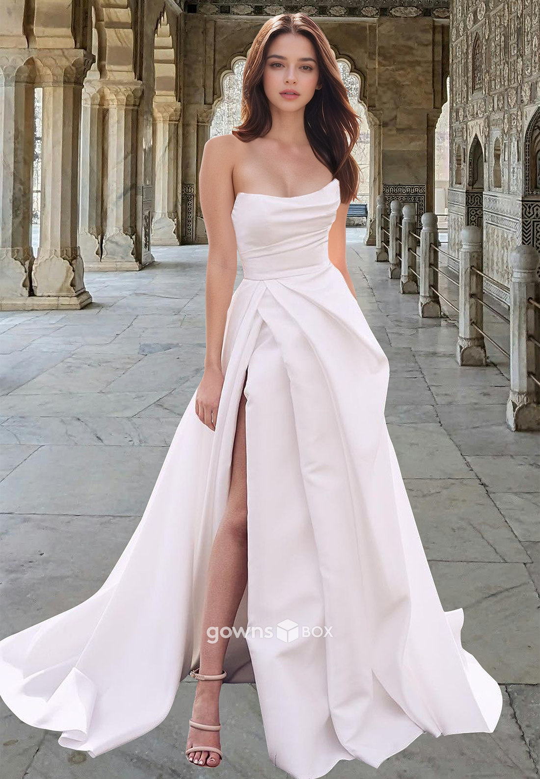 Bateau Strapless Ruched Wedding Dress A-Line with Slit Simple Bride Gown-GownsBox