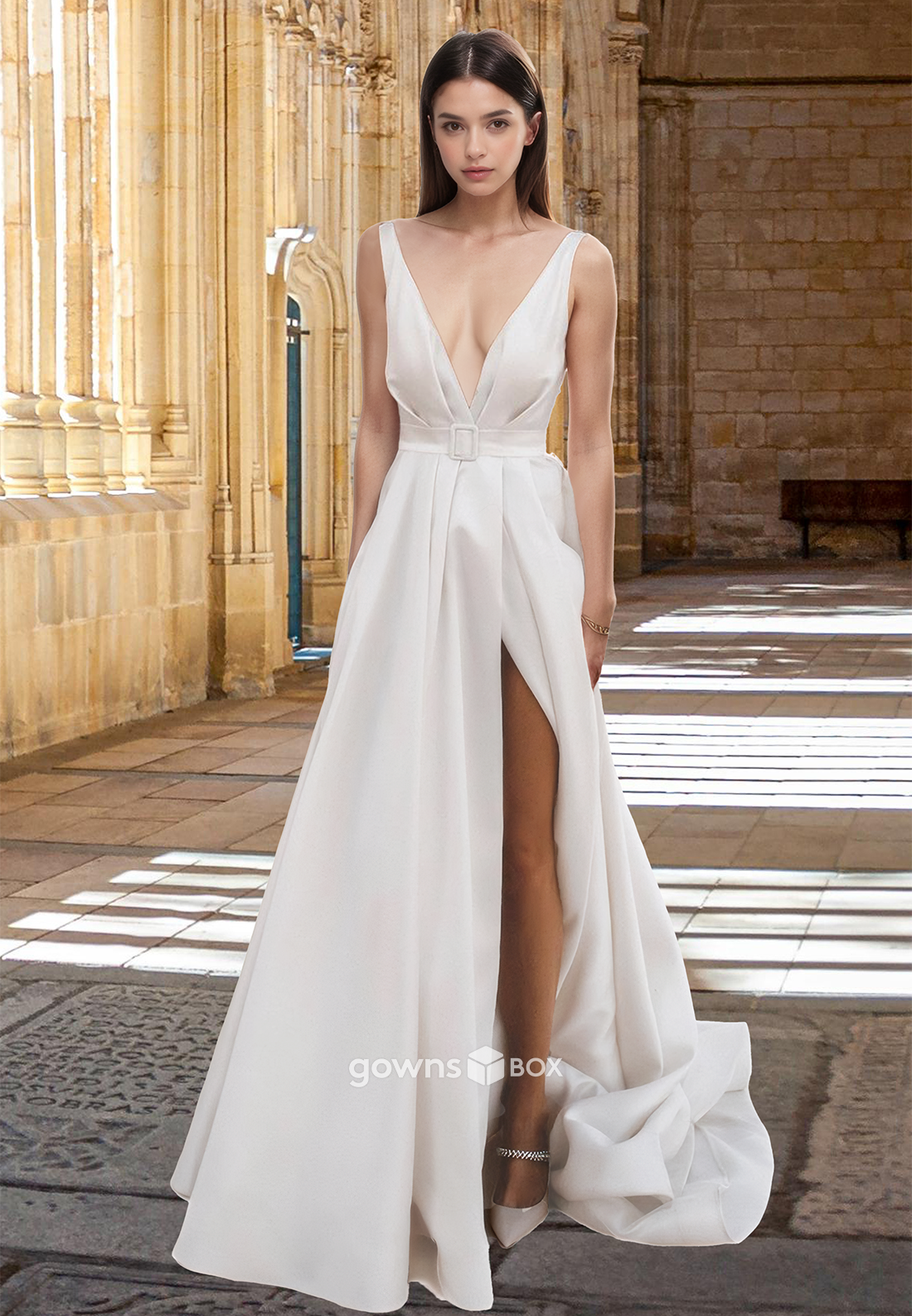 Sexy V-Neck Open Back A-Line with Slit Engagement Wedding Dress-GownsBox