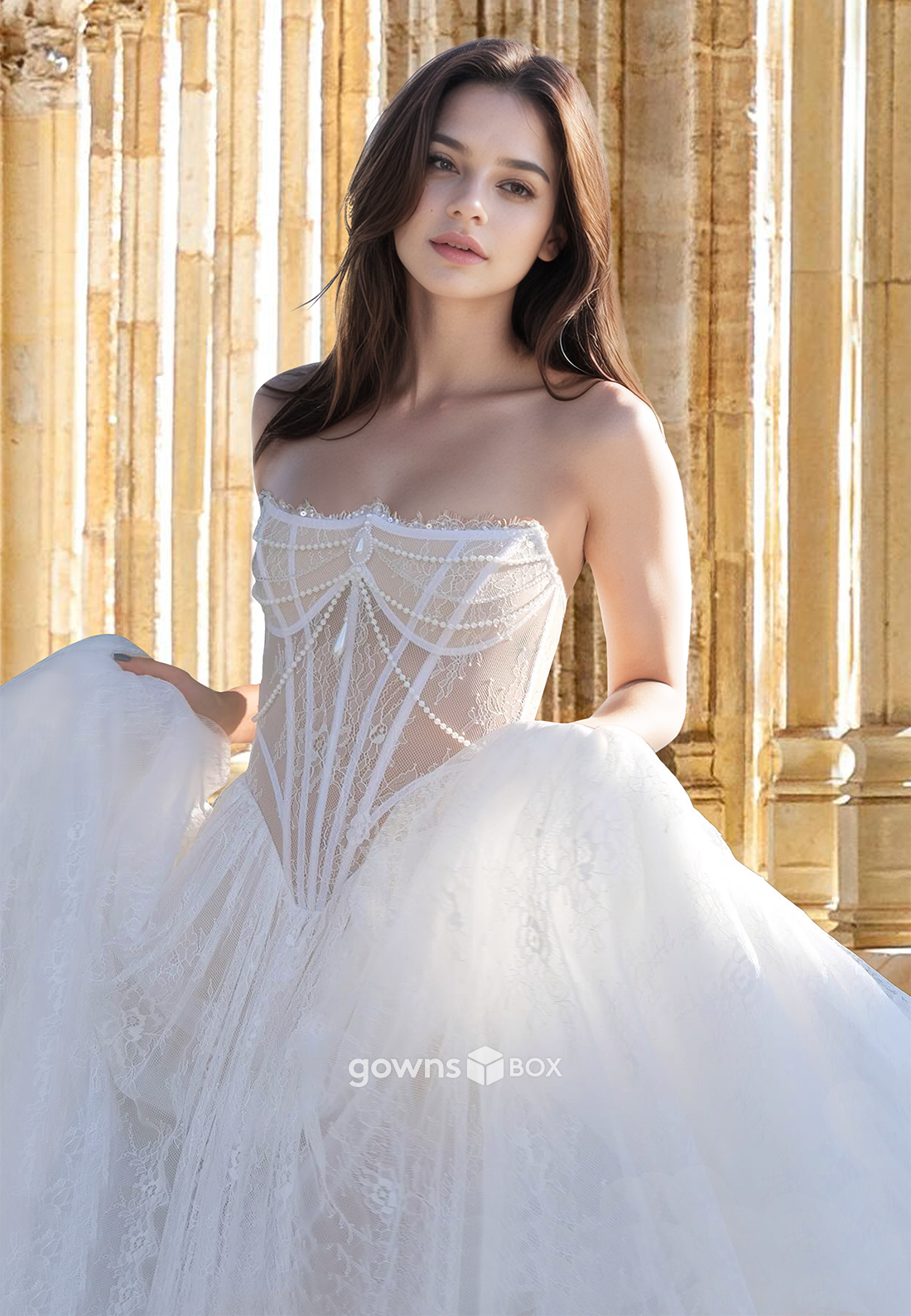 Special Floral Strapless Tulle Princess Wedding Dress Beaded A-Line Bride Gown-GownsBox