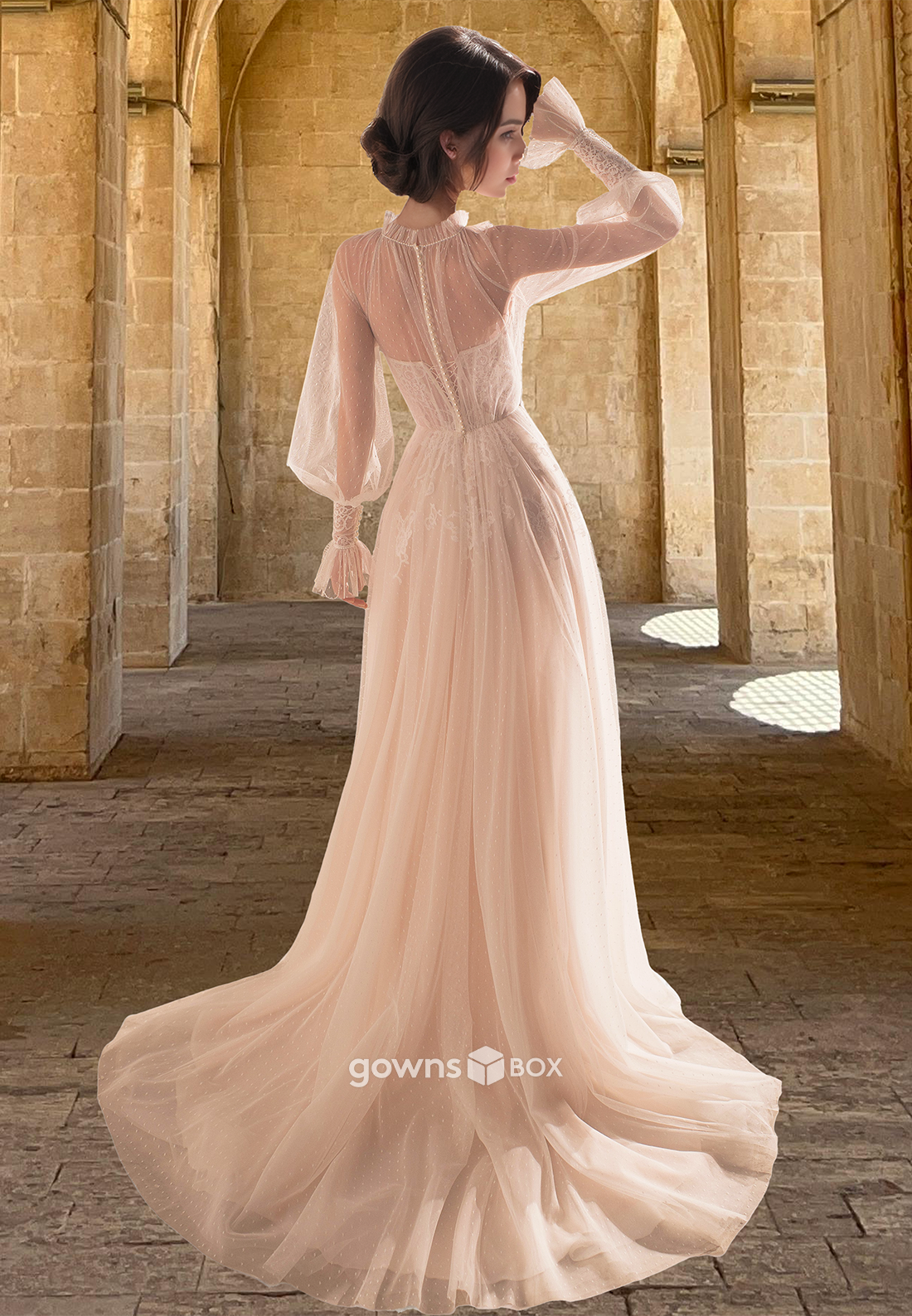 Sheer Long Sleeves High Neck with Train A-Line Tulle Wedding Dress Bride Gown-GownsBox