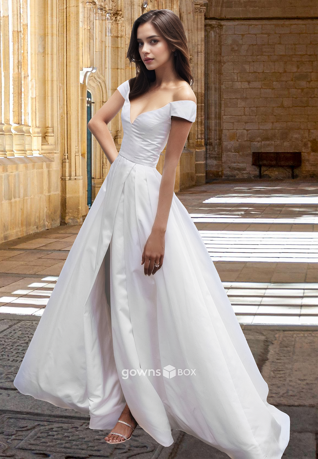 Simple V-Neck Off-Shoulder A-Line Satin with Slit Wedding Dress Bride Gown-GownsBox