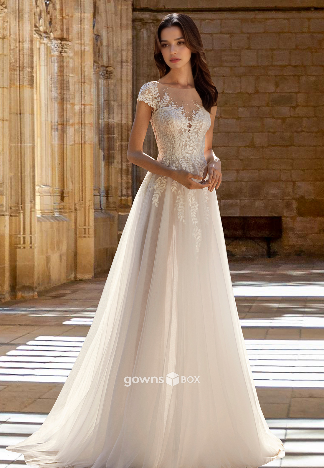 Short Sleeves Applique A-Line with Train Tulle Wedding Dress Bride Gown-GownsBox