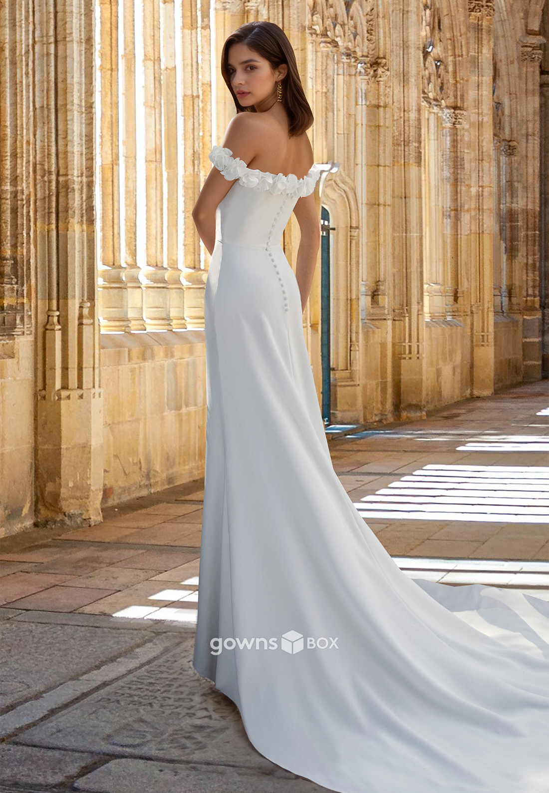 Floral Off-Shoulder Ruched Sheath with Slit Satin Wedding Dress Bride Gown-GownsBox