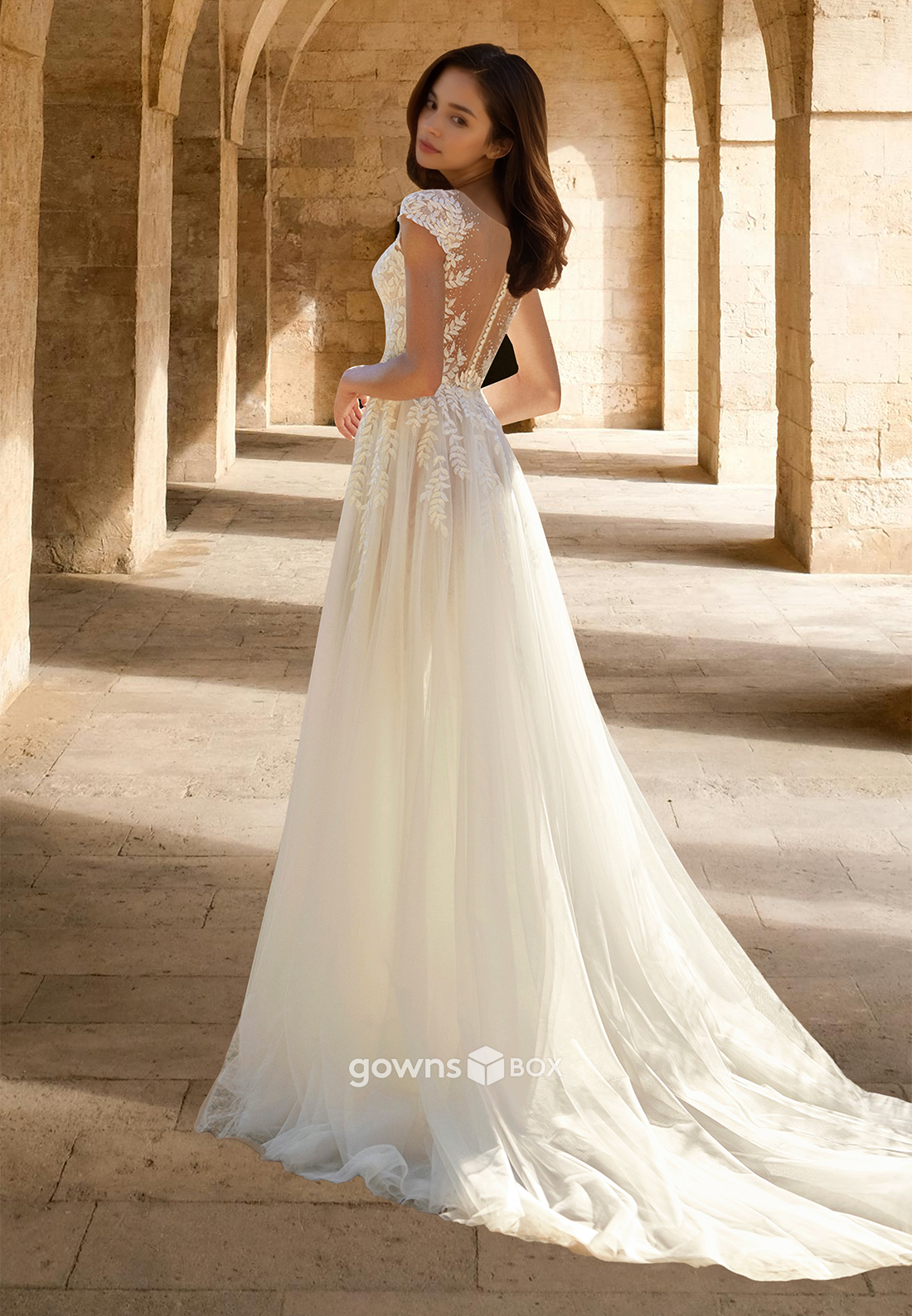 Short Sleeves Applique A-Line with Train Tulle Wedding Dress Bride Gown-GownsBox