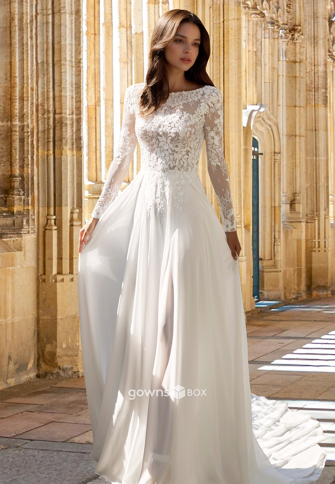 Scoop Long Sleeves Applique A-Line Tulle Wedding Dress Bride Gown-GownsBox