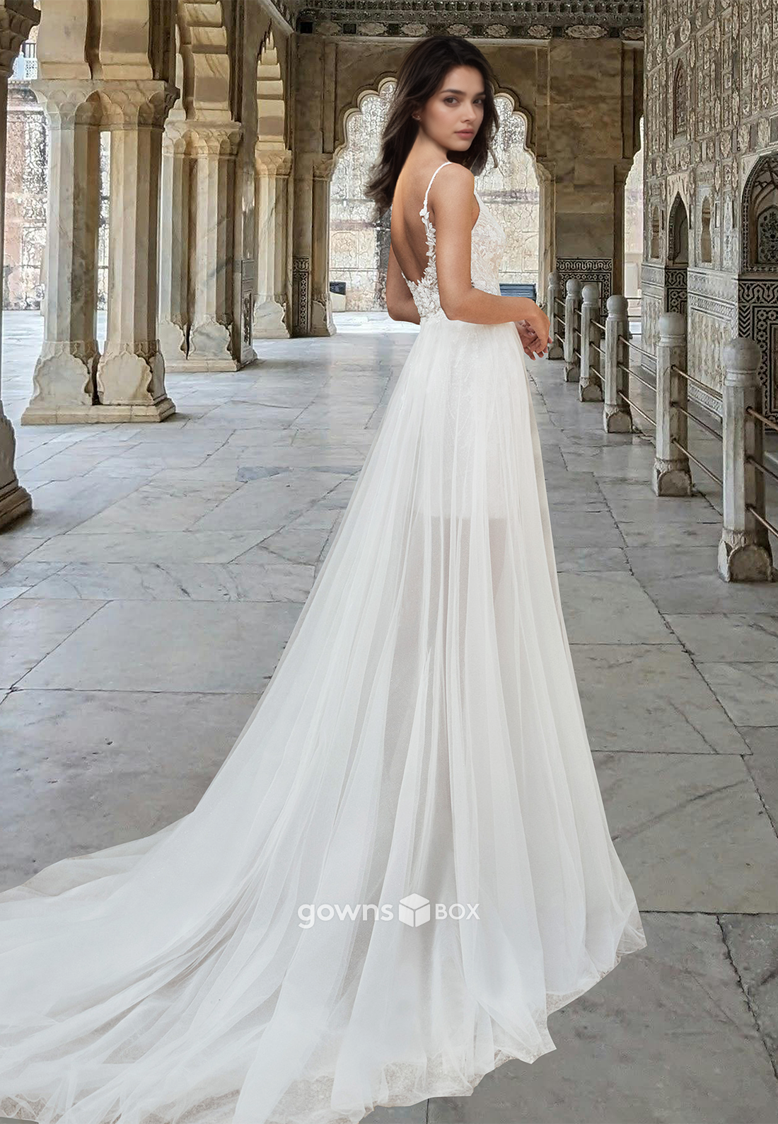 Short V-Neck Spaghetti Straps A-Line with Train Wedding Dress Bride Gown-GownsBox