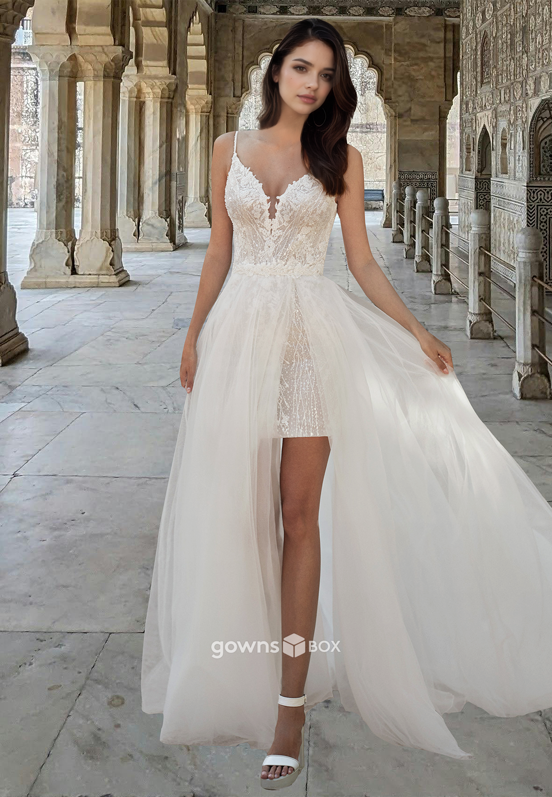 Short V-Neck Spaghetti Straps A-Line with Train Wedding Dress Bride Gown-GownsBox