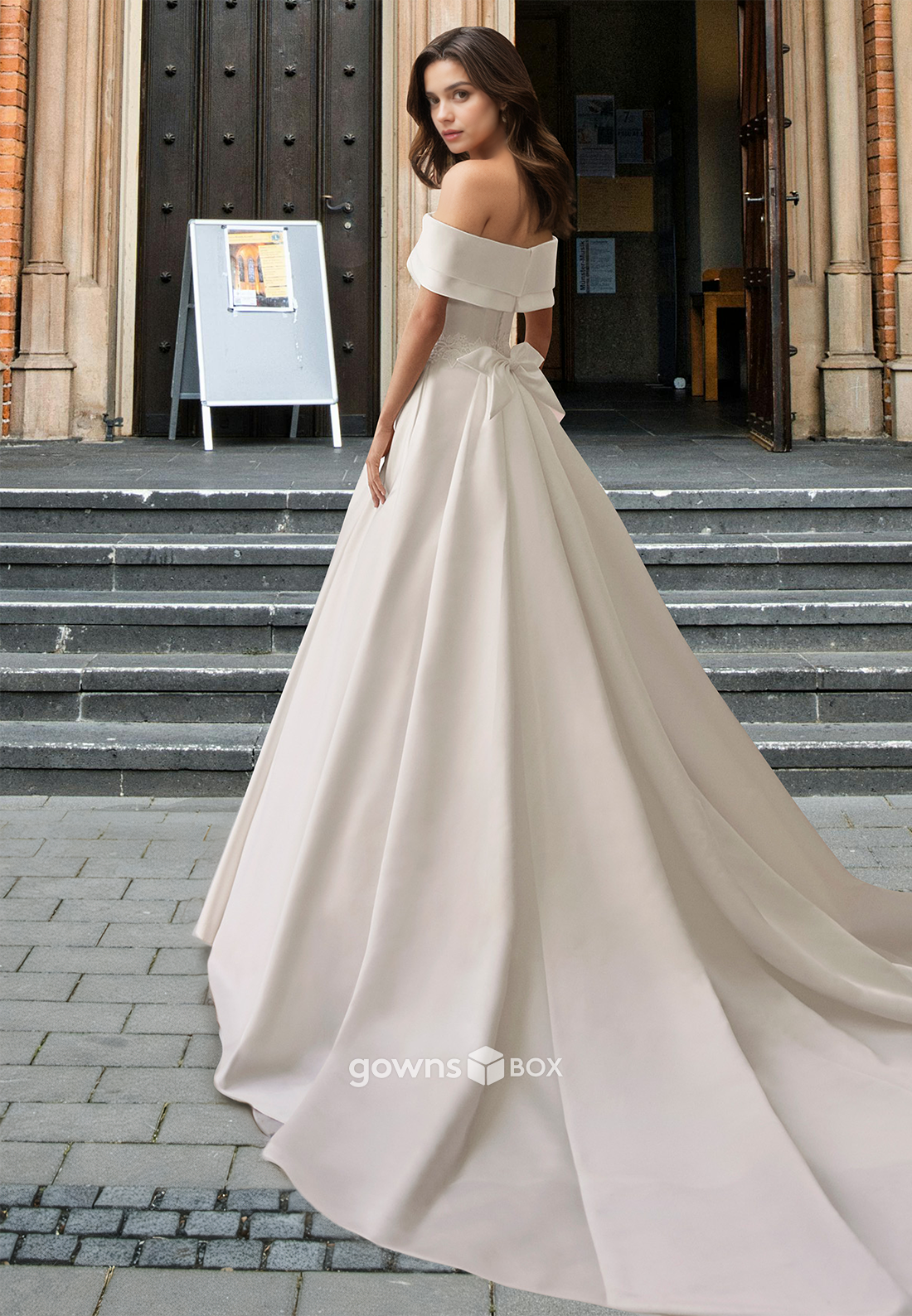 Classic Off-Shoulder Bow A-Line Satin with Train Wedding Dress Bride Gown-GownsBox