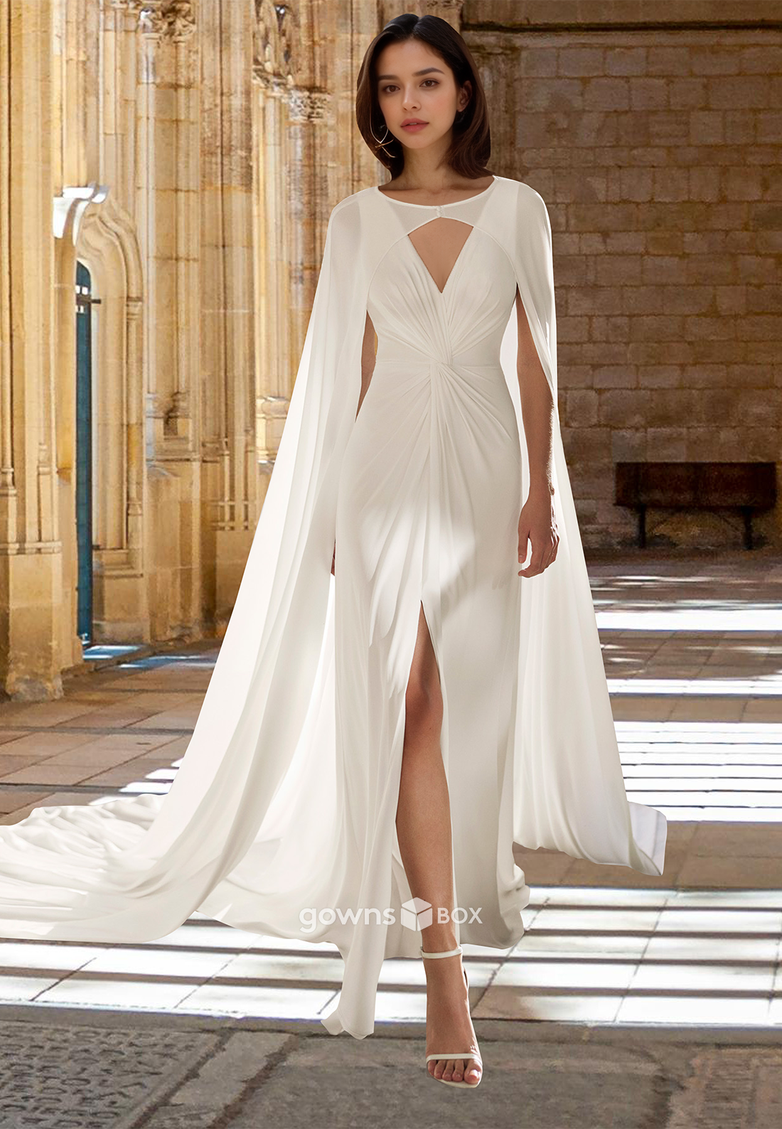 Sexy V-Neck Ruched A-Line with Slit Tulle Engagement Wedding Dress-GownsBox