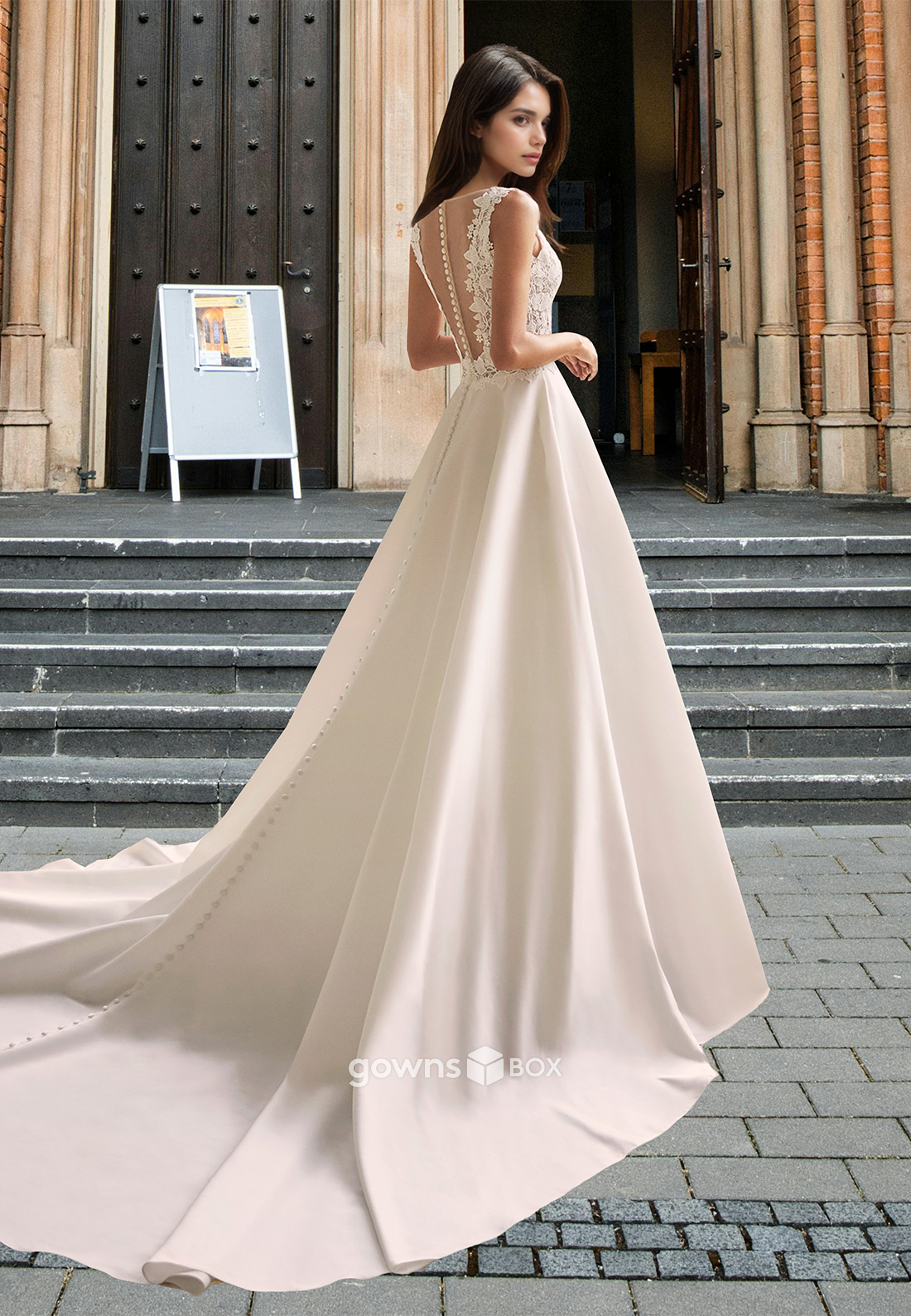 Sexy V-Neck Sleeveless Lace Applique A-Line Tulle Bridal Wedding Dress-GownsBox