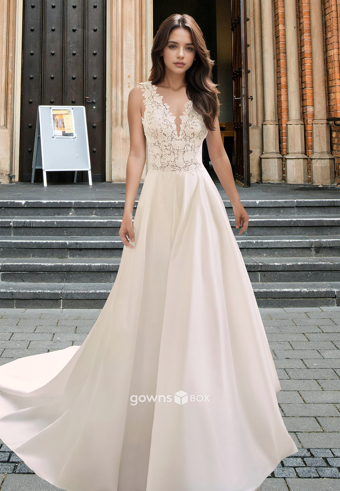 Sexy V-Neck Sleeveless Lace Applique A-Line Tulle Bridal Wedding Dress-GownsBox