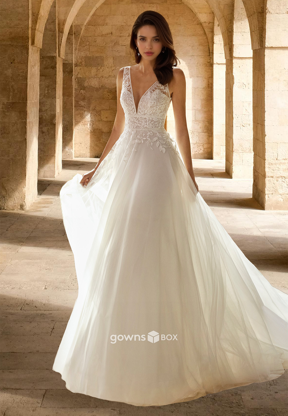 Sexy Sheer V-Neck A-Line Tulle Lace Applique with Train Bridal Wedding Dress-GownsBox