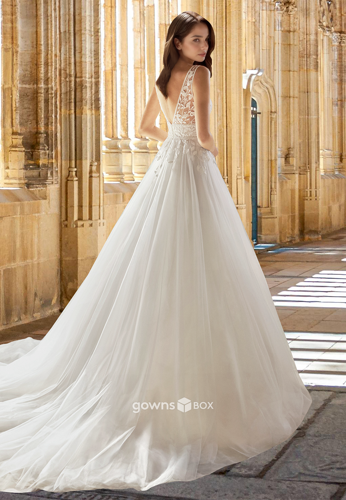 Sexy Sheer V-Neck A-Line Tulle Lace Applique with Train Bridal Wedding Dress-GownsBox