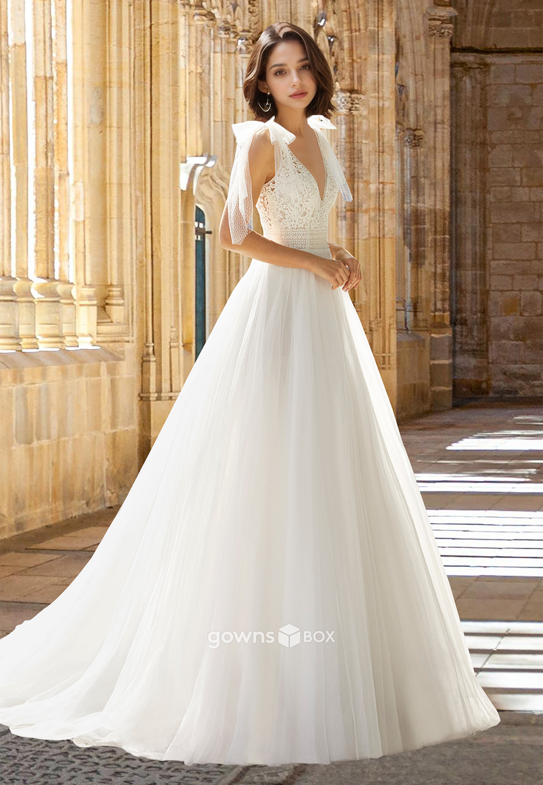 Sexy V-Neck Backless Spaghetti Straps Bow A-Line Tulle Wedding Dress-GownsBox