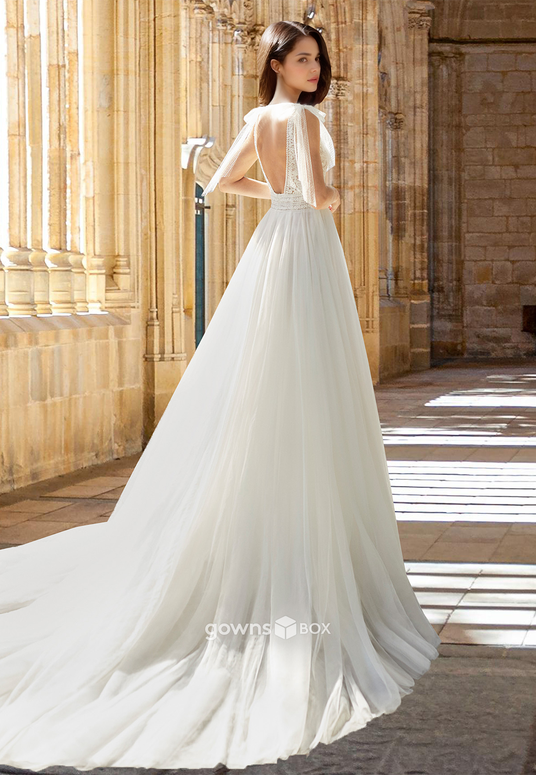 Sexy V-Neck Backless Spaghetti Straps Bow A-Line Tulle Wedding Dress-GownsBox