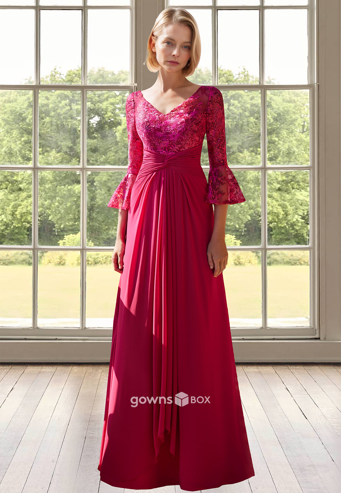 Red Lace Applique V-Neck Long Sleeves A-Line Formal Dress for Wedding-GownsBox