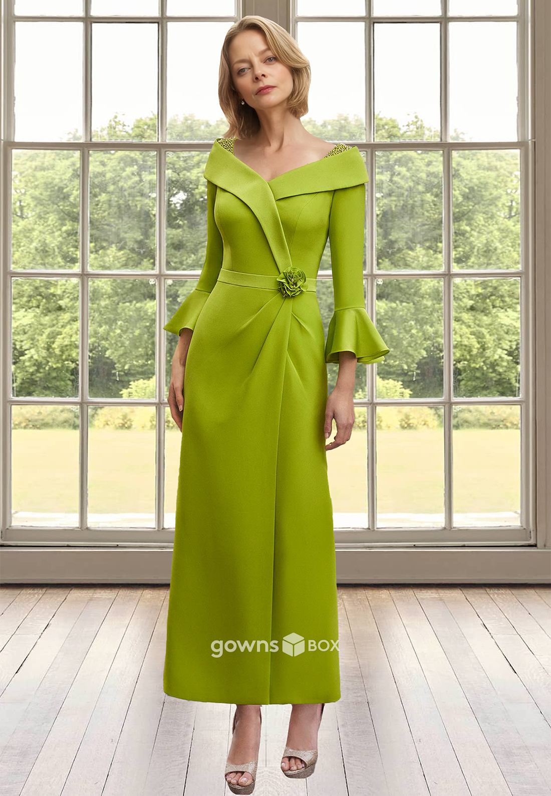 Chic V-Neck Long Sleeves Sheath with Slit Mother of the Bride Wedding Guest Dress-GownsBox