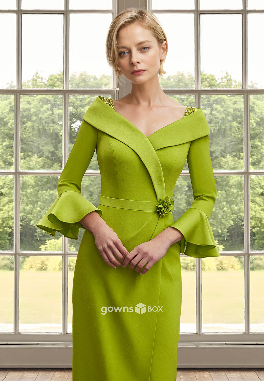 Chic V-Neck Long Sleeves Sheath with Slit Mother of the Bride Wedding Guest Dress-GownsBox